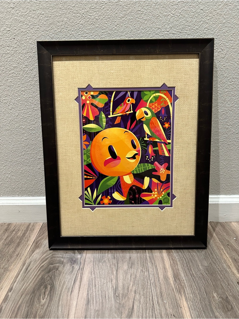 Framed Orange Character Art Print with Tropical Accent Colors